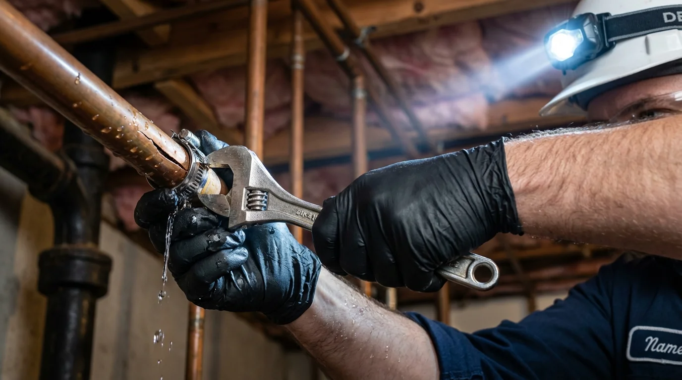 Emergency pipe clamp repair being performed by a Johns Plumbing LLC plumber in Ozark