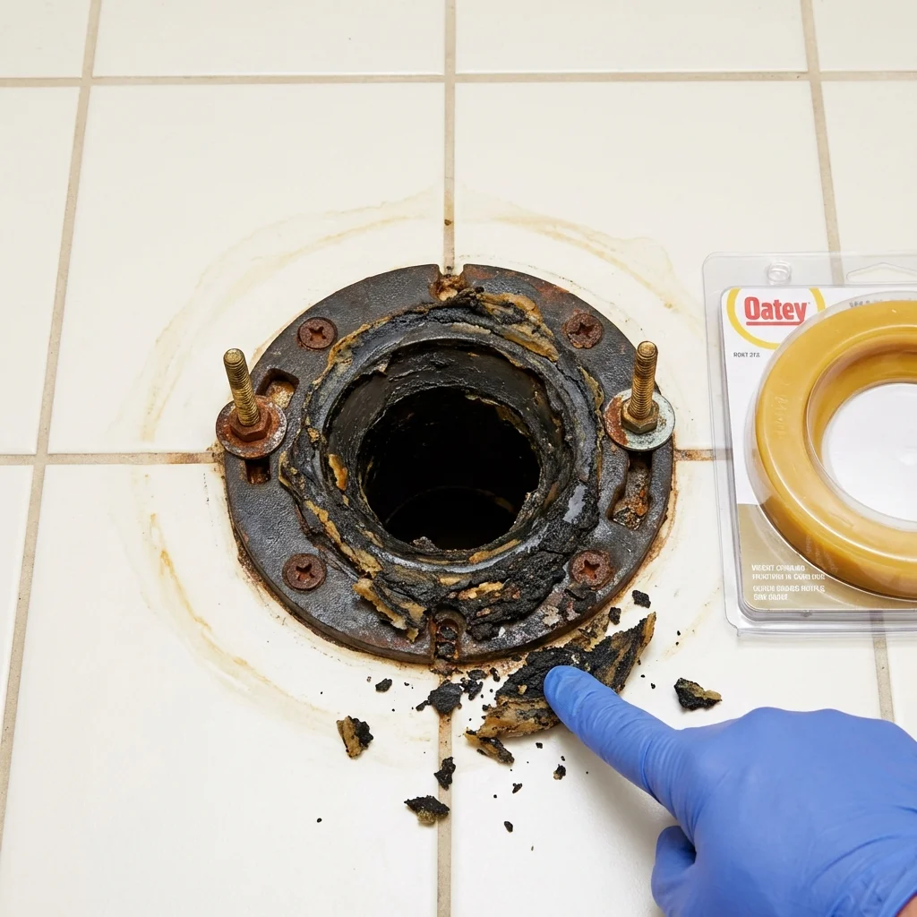 Failed wax ring showing water seepage at the base of a toilet in a Ozark, AL home