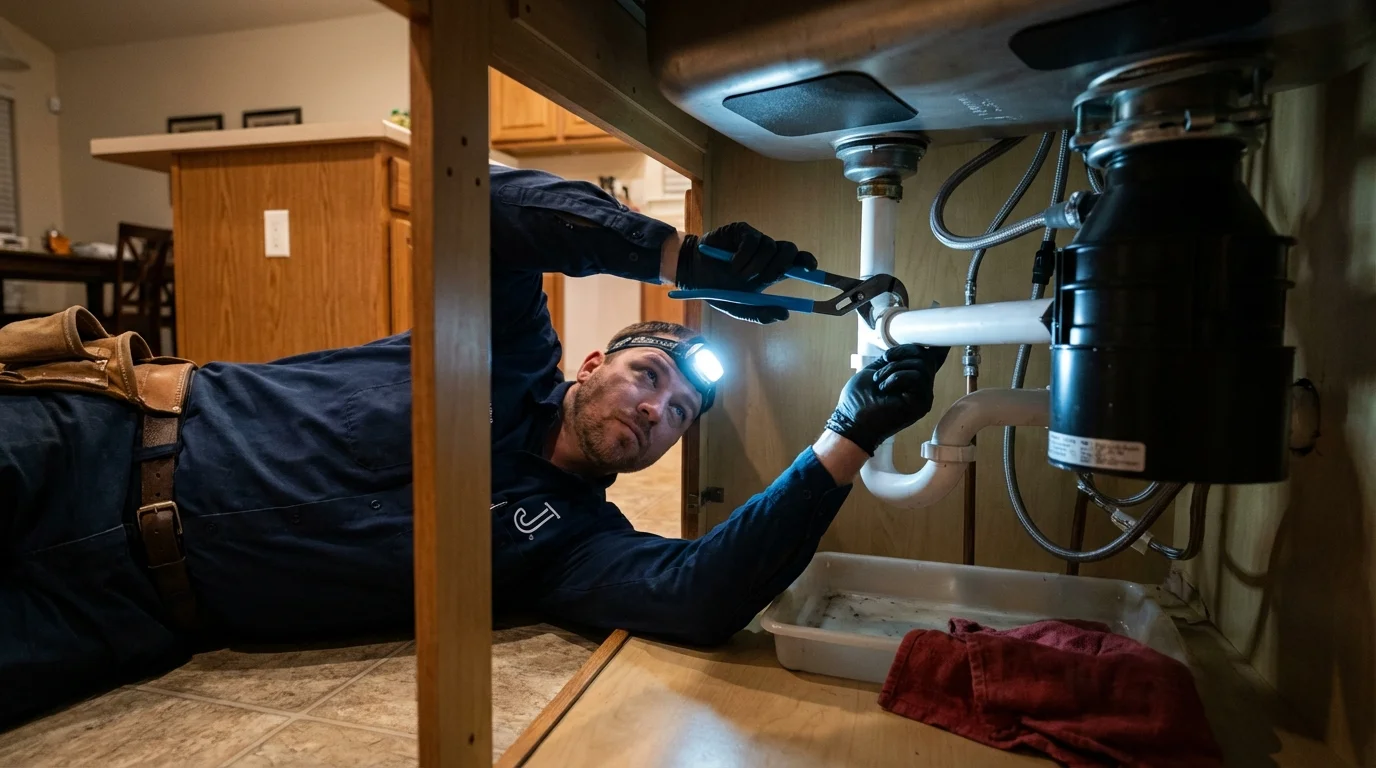 P-trap and supply line connections under a kitchen sink showing a common leak point in Ozark, AL